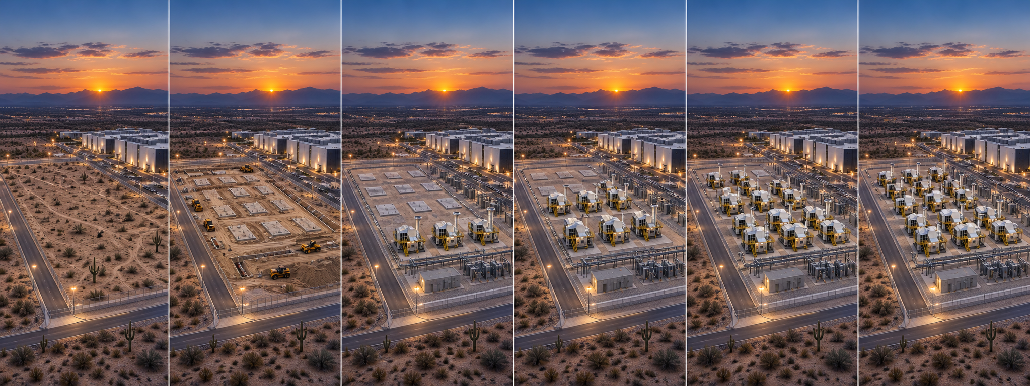 Six-panel conceptual Arizona campus from brownfield to 20 FX-45 installations